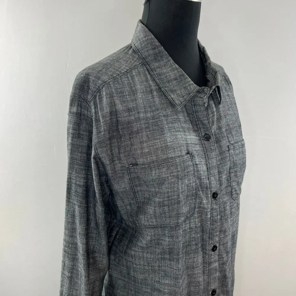 FREE PEOPLE Gray Cotton Long Sleeve Button Down Laser Cut Back Blouse Size L